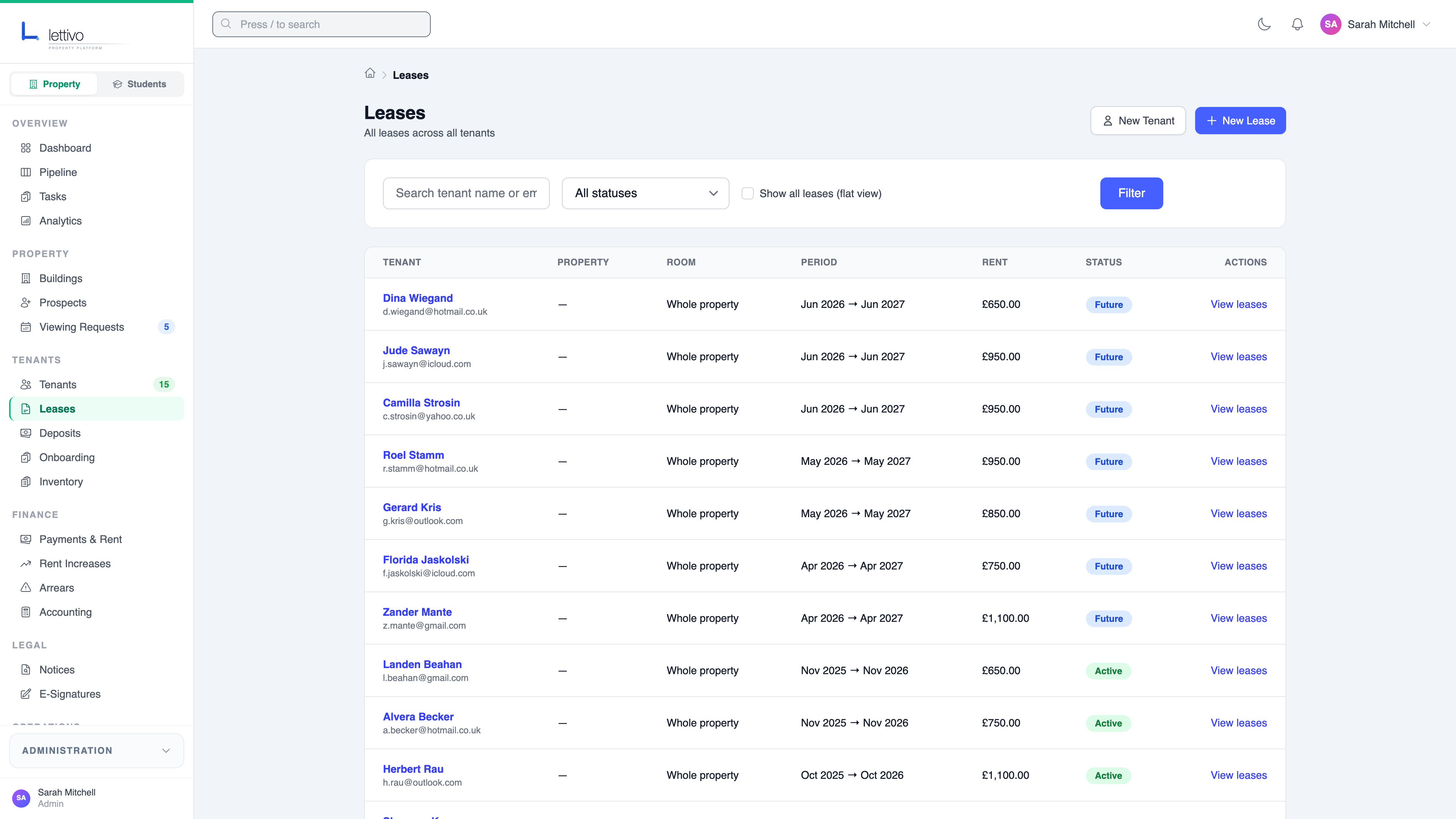 Lettivo leases screen showing active tenancies, rent, and lease periods across a residential portfolio