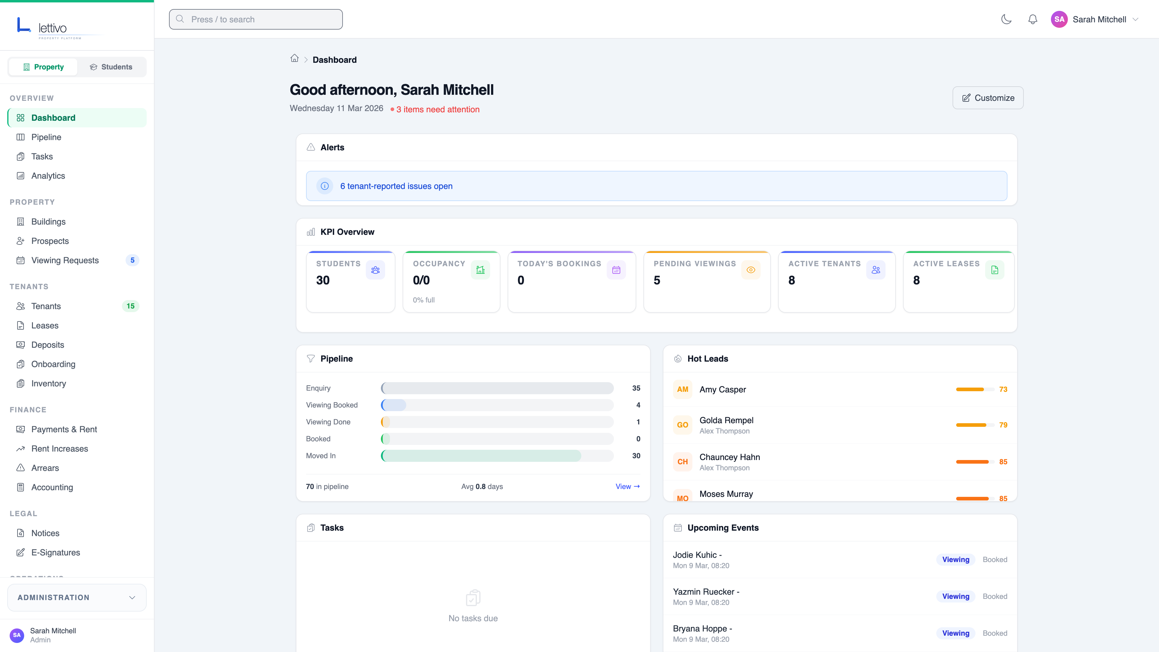 Lettivo dashboard with KPI cards, pipeline, hot leads, and recent activity