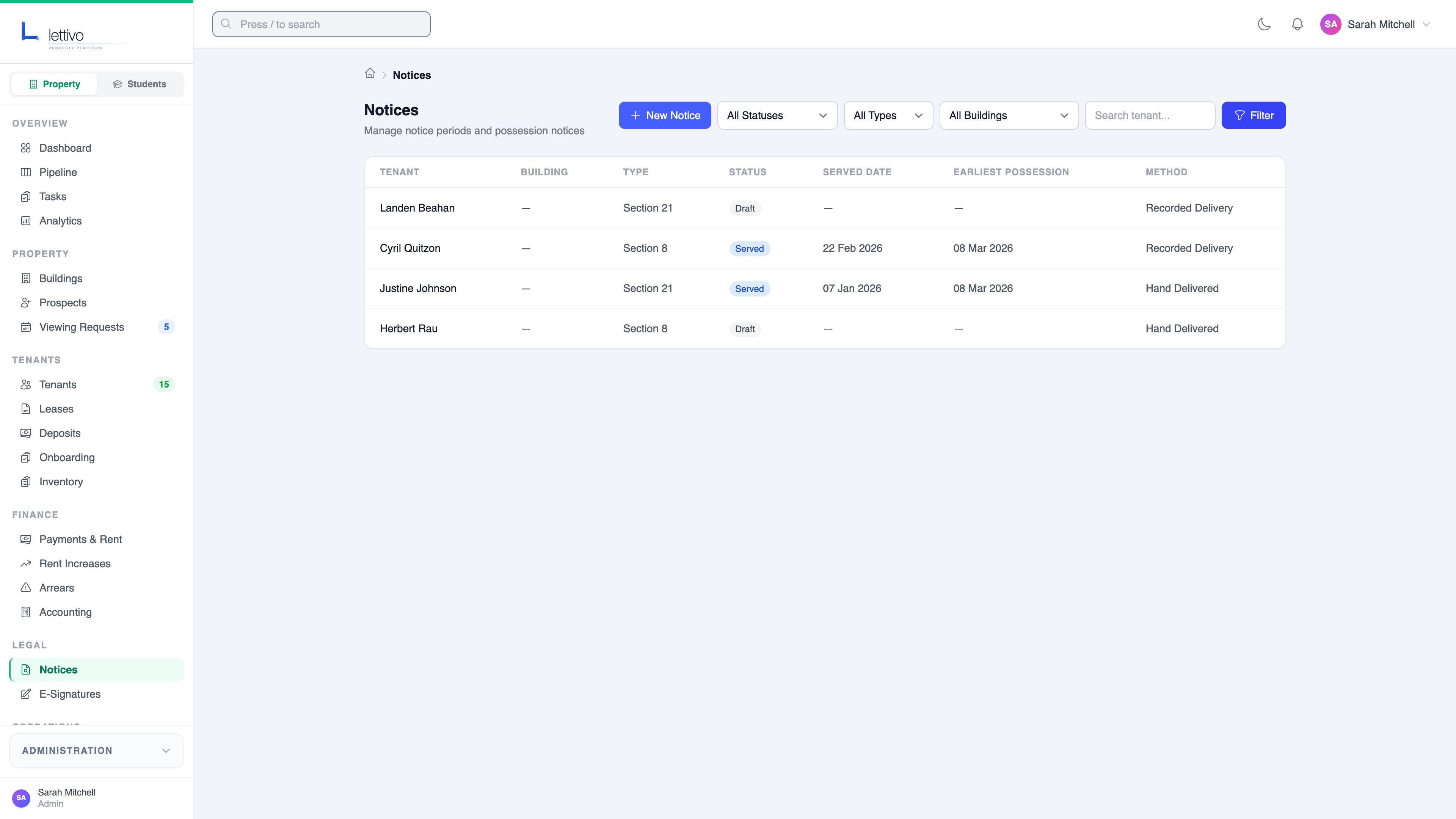 Notices page with Section 21 and Section 8 notices, status badges, and delivery tracking