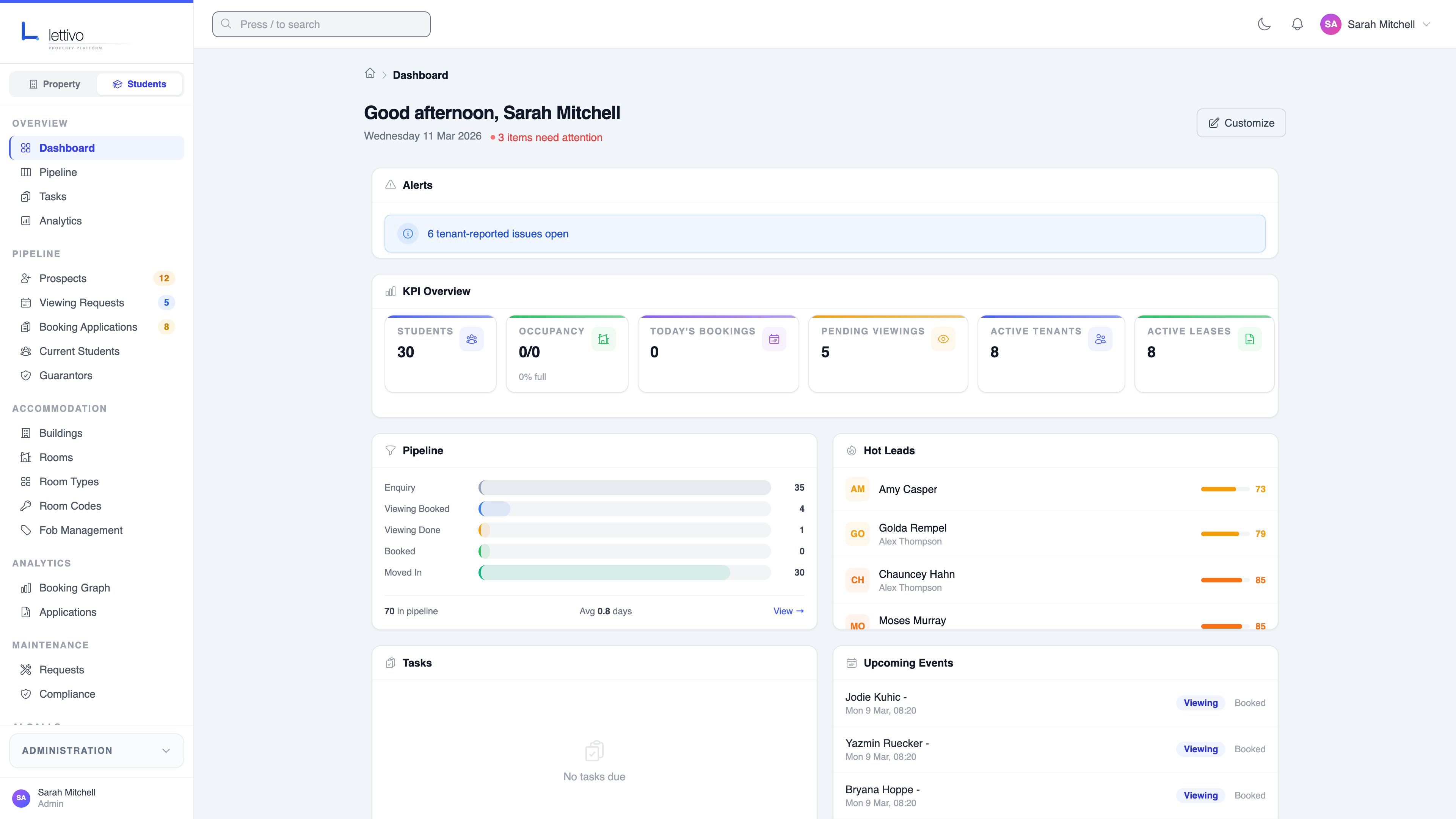 Lettivo dashboard showing KPI overview, pipeline activity, and team tasks